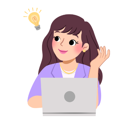 A woman is sitting in front of a laptop computer with a light bulb above her head.