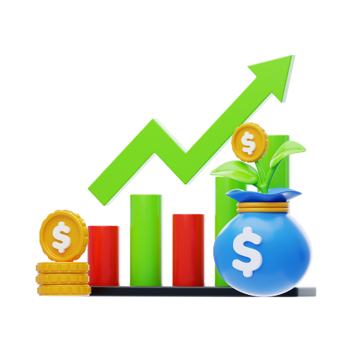 A 3d illustration of a growing graph with a bag of money and coins.