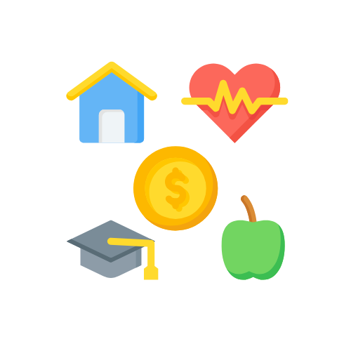 A set of icons with a house , heart , money , apple and graduation cap.