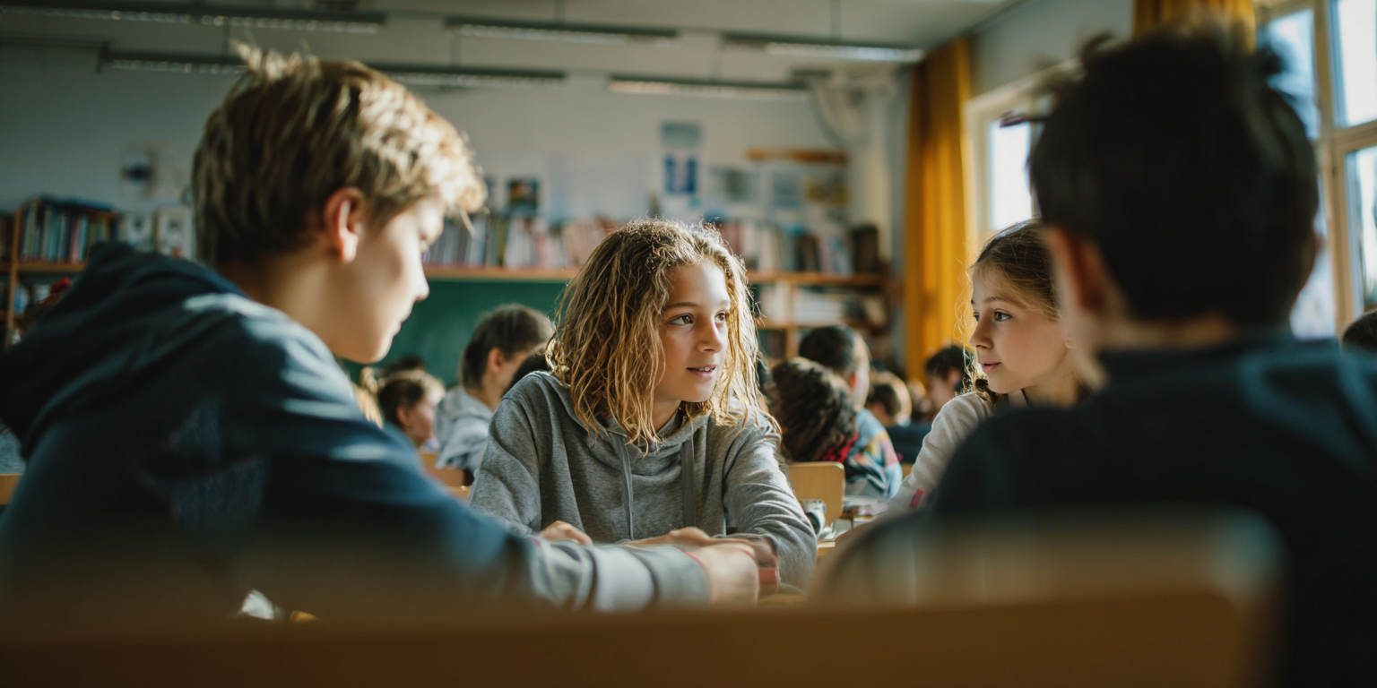 Four students in a classroom at a desk, light streaming through a window. The focus is on the students conversing.