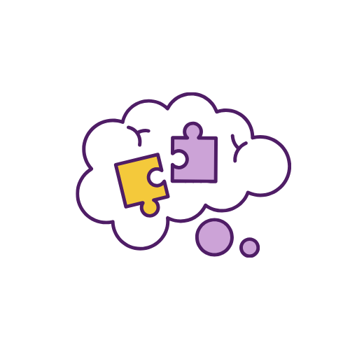A brain with puzzle pieces in a thought bubble.
