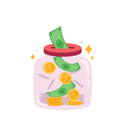 A jar filled with money and coins.
