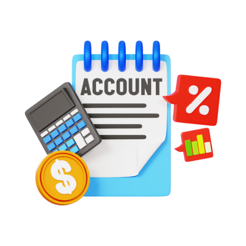 A 3d illustration of an account with a calculator , coin , and graph.