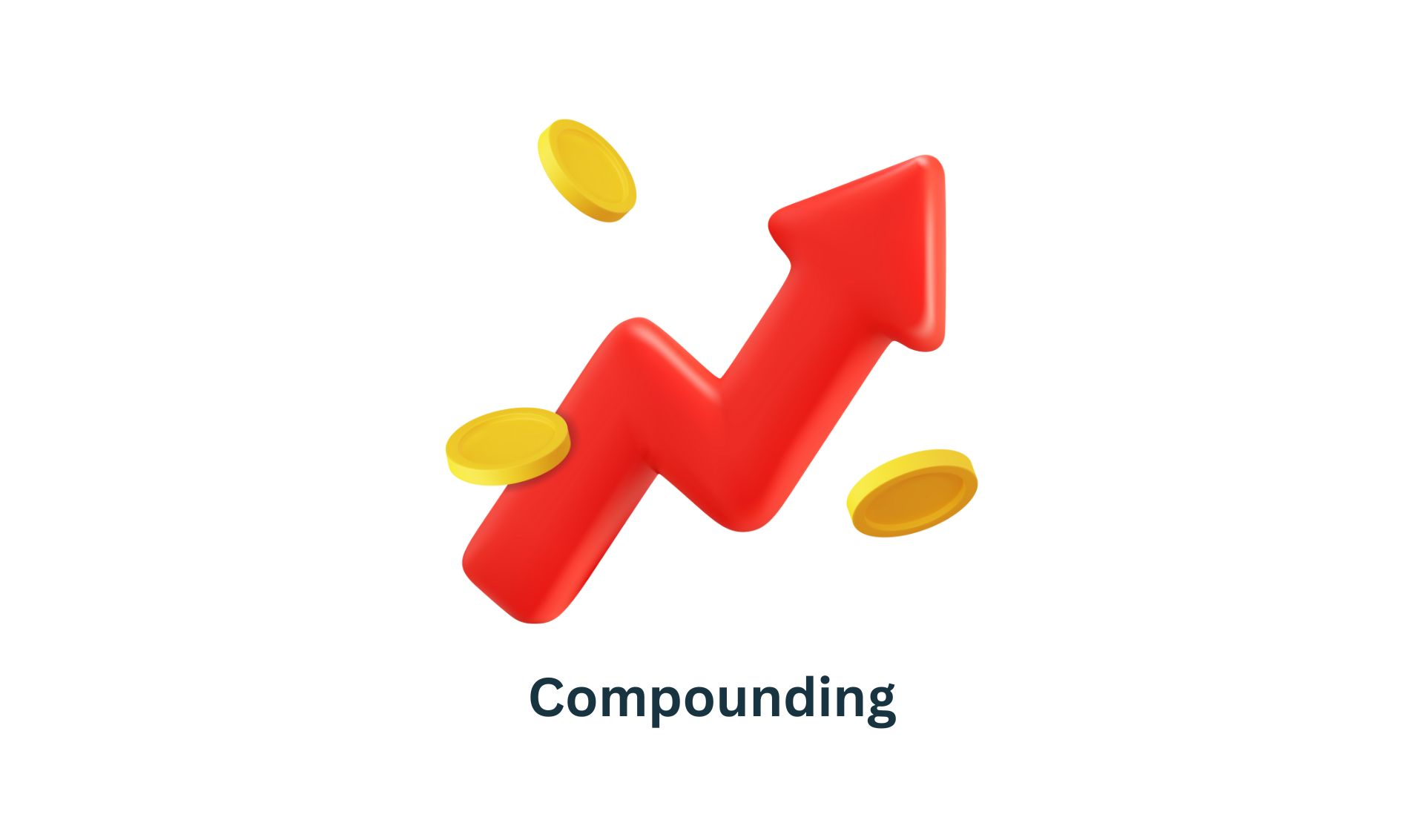 Red upward arrow and gold coins, representing compounding.