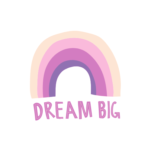 A pink and purple rainbow with the words `` dream big '' written below it.