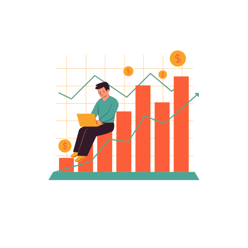 A man is sitting on a bar graph with a laptop.