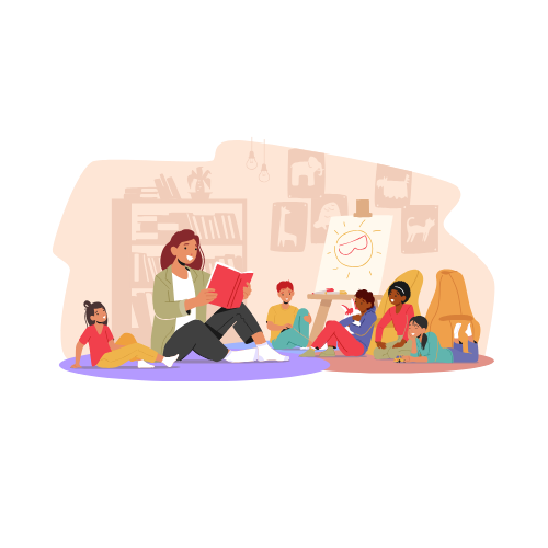 A woman is sitting on the floor reading a book to a group of children.