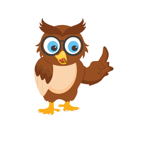 A cartoon owl wearing glasses is giving a thumbs up.