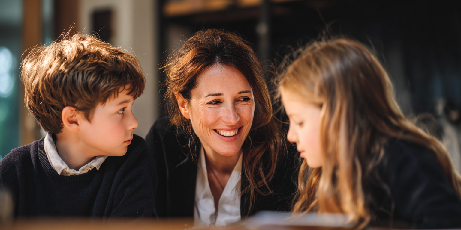 Woman smiling, looking at two children. They appear to be engaged in a conversation or activity together.