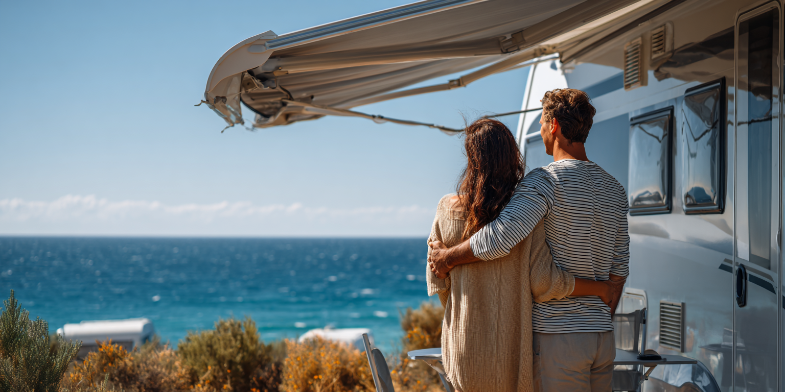 Couple with arms around each other looking at the ocean from a camper.
