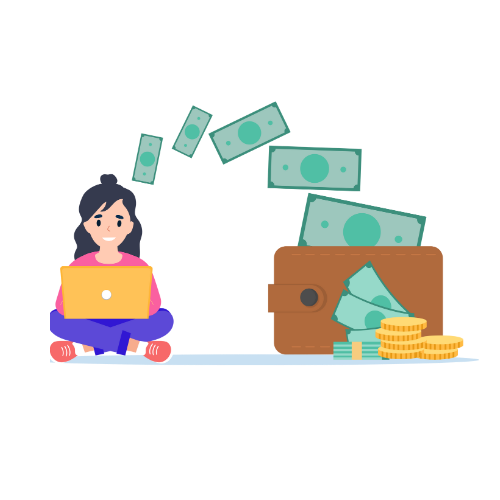 A woman is sitting on the floor with a laptop next to a wallet filled with money.