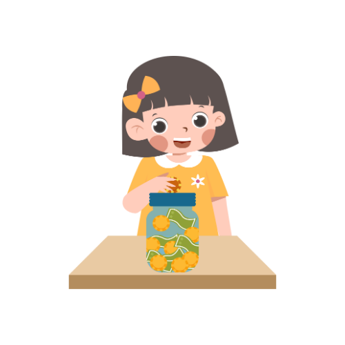 A little girl is sitting at a table holding a jar of flowers.