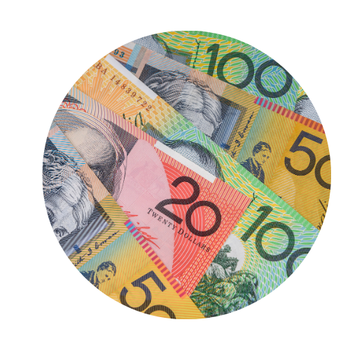A circle of australian currency including 20 50 and 100 dollars