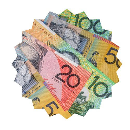 A bunch of australian money stacked on top of each other