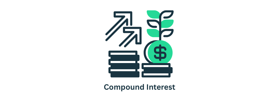 Compound interest concept: coins, arrows, and growing plant.