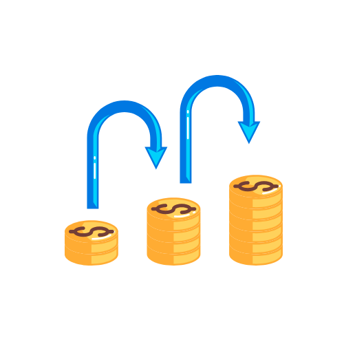 Three stacks of gold coins with arrows pointing in opposite directions.