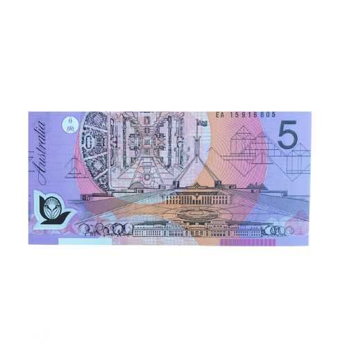 A five dollar bill from australia with a picture of a man on it.
