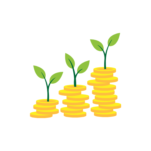 Three stacks of gold coins with plants growing out of them.