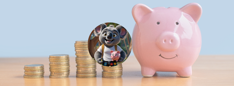 Stacks of coins, koala, and a pink piggy bank, representing savings.