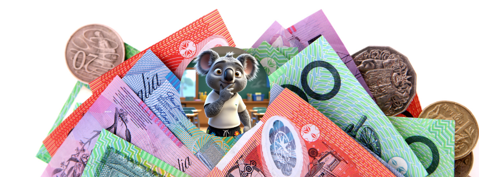 Koala surrounded by Australian currency, representing financial matters.
