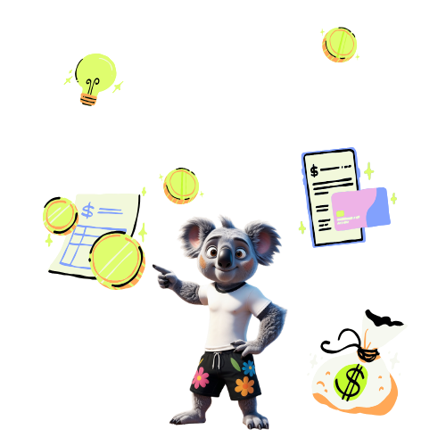 A koala bear is juggling coins and a credit card.