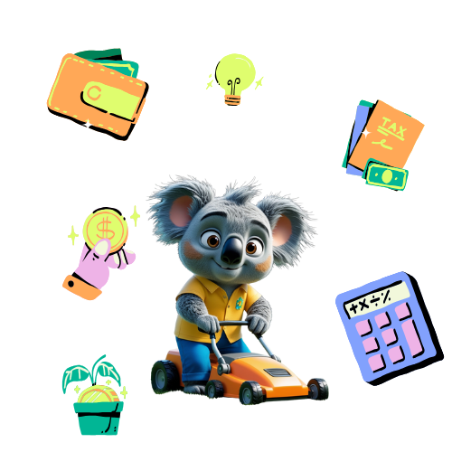 Ozzy the koala is sitting on a lawn mower surrounded by icons.