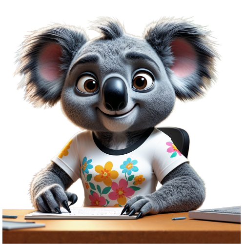 Ozzy the koala bear is sitting at a desk using a graphic tablet.