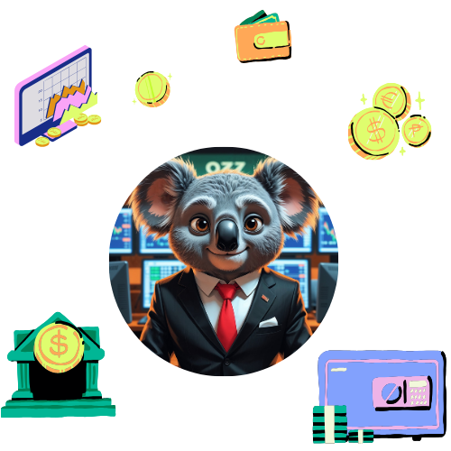 Ozzy the koala bear in a suit and tie is surrounded by money and coins.