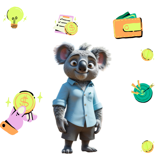 Ozzy the koala bear is standing next to a wallet and a light bulb.