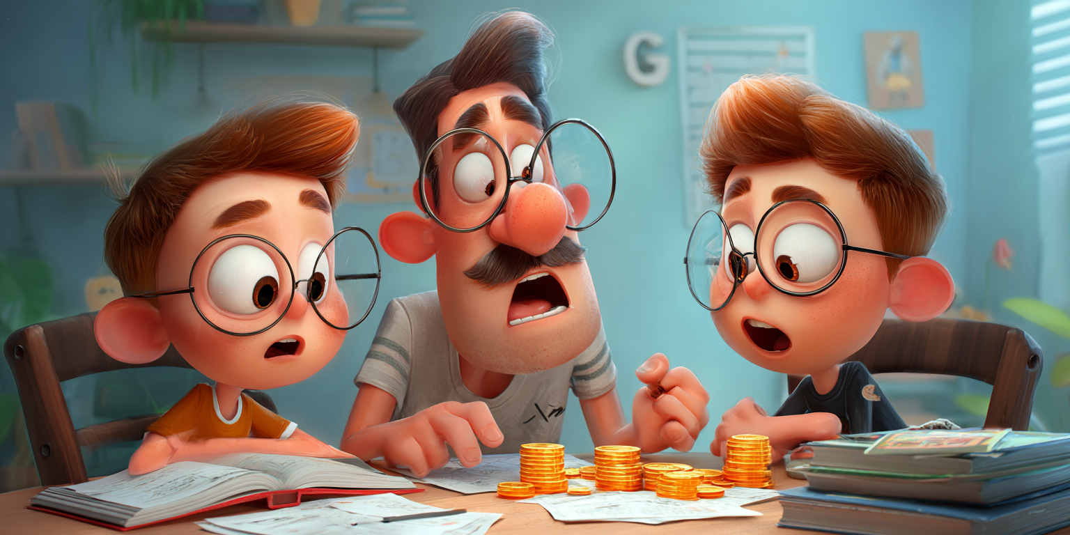 A cartoon family looking shocked at a table with coins, papers, and money. They wear glasses and have wide eyes.