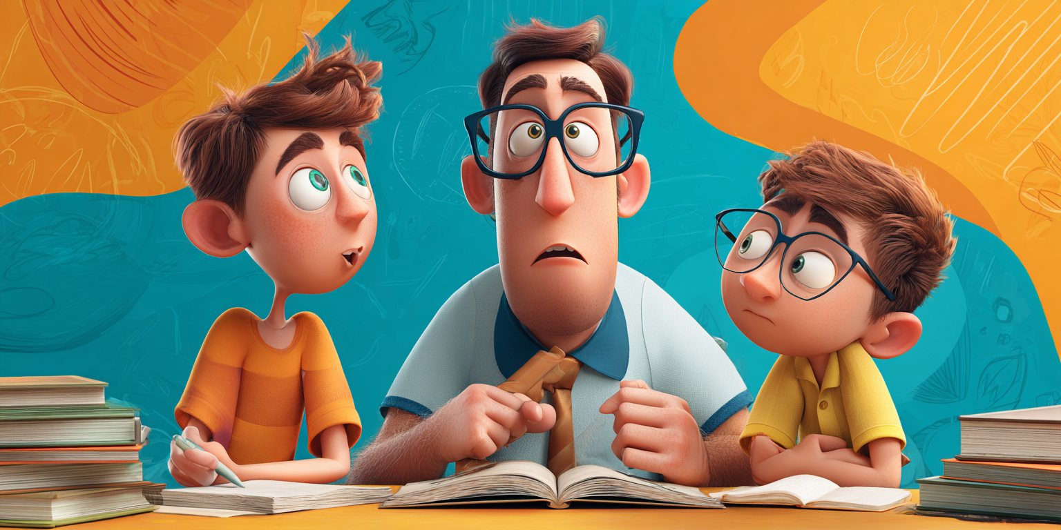 A father and two sons study together; the father is stressed, and the sons are curious, set against a yellow background.