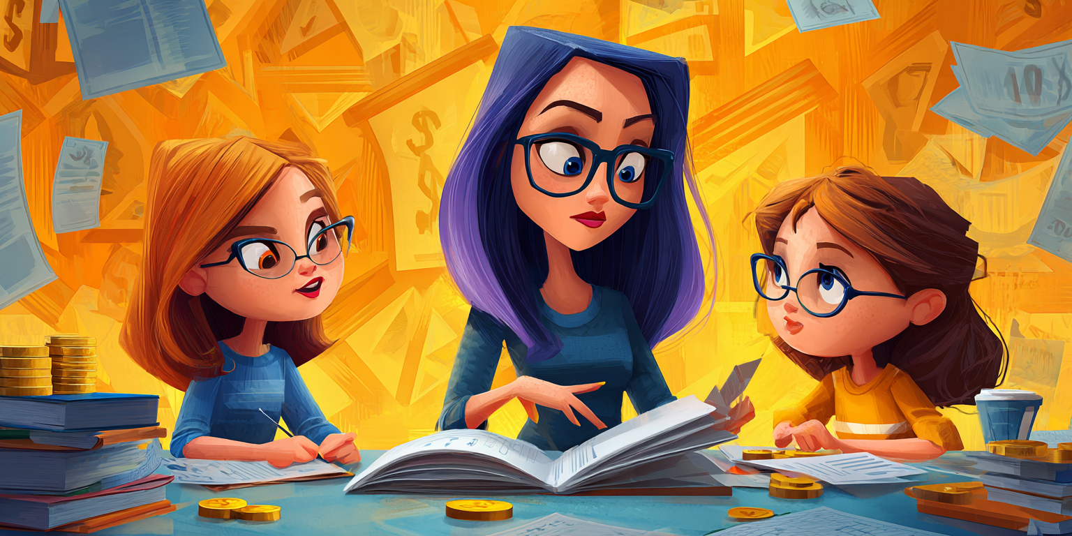 Three cartoon women with glasses review documents at a table.