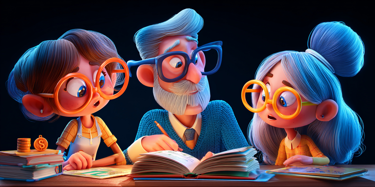Three cartoon characters with glasses are studying together at a desk, looking at a book and papers.