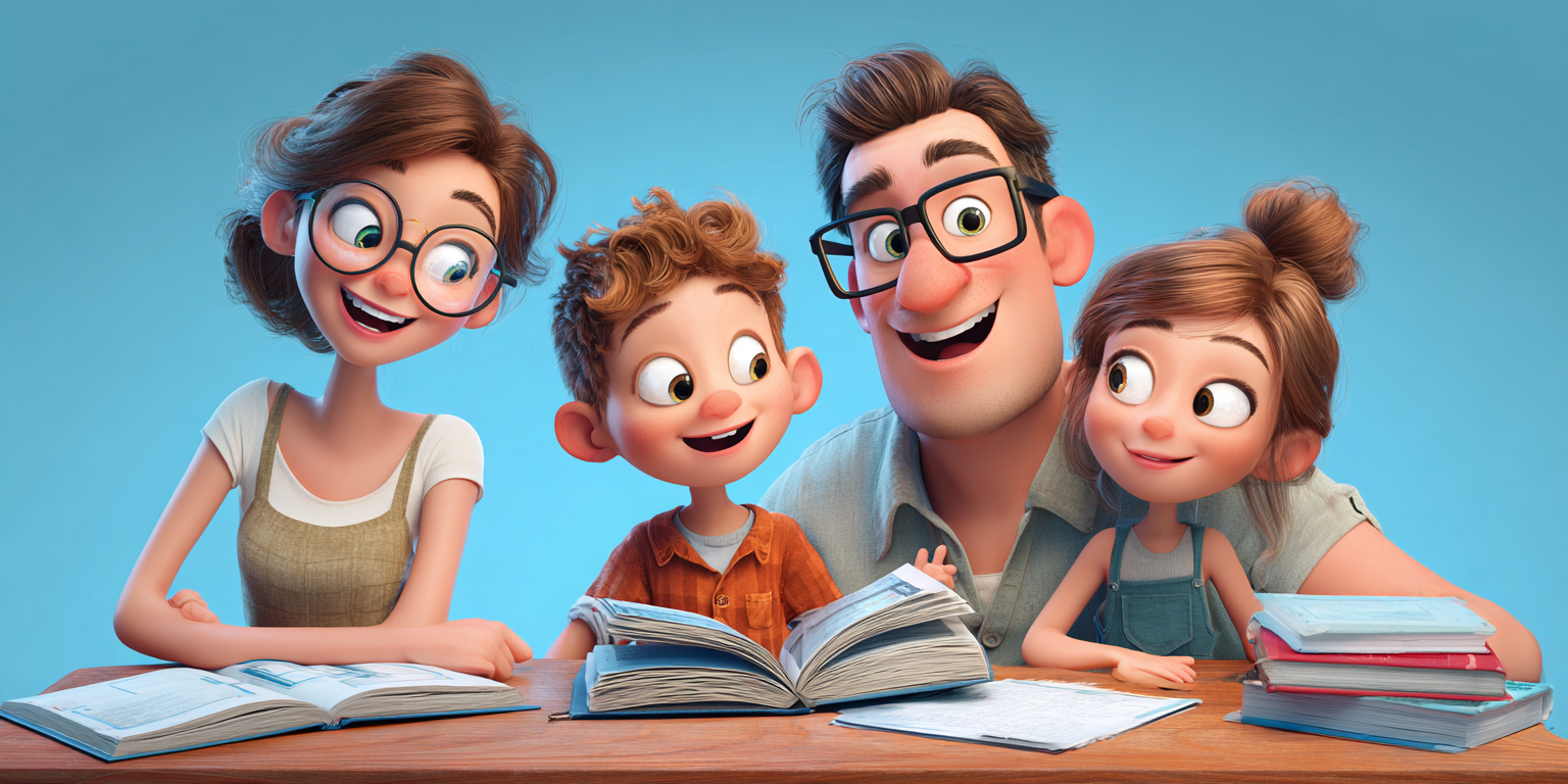 A smiling family of four sits together studying at a table.