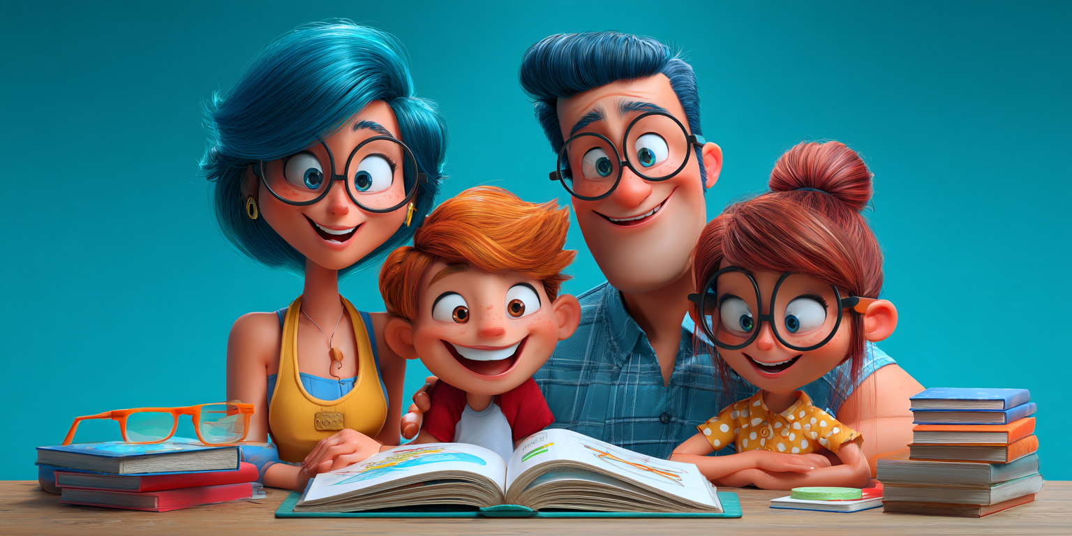 A family, with glasses, smiles while reading a book.