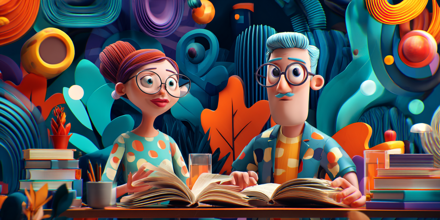 Two cartoon people with glasses reading books in a colorful  setting.
