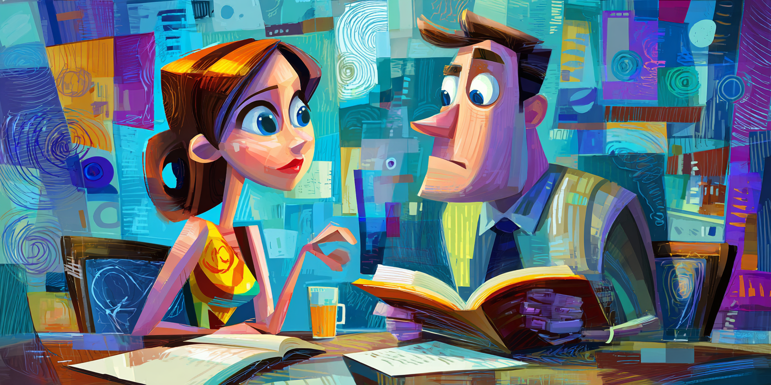 A woman and a man sit at a table, possibly in a study. They are both looking at a book. They look thoughtful.