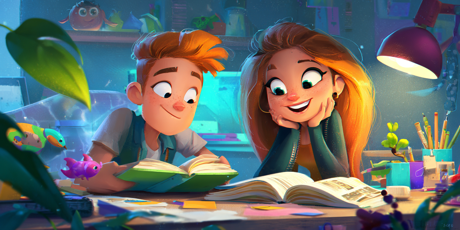 Two cartoon people, a redhead male and a brown haired female, smiling as they look at a book at a desk.