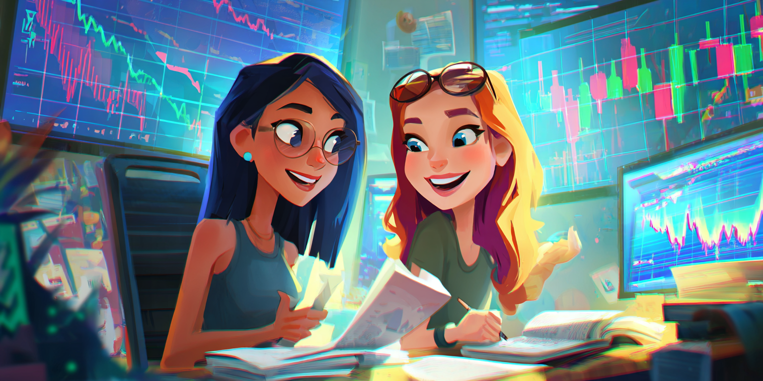 Two women smiling, looking at financial charts on multiple screens.