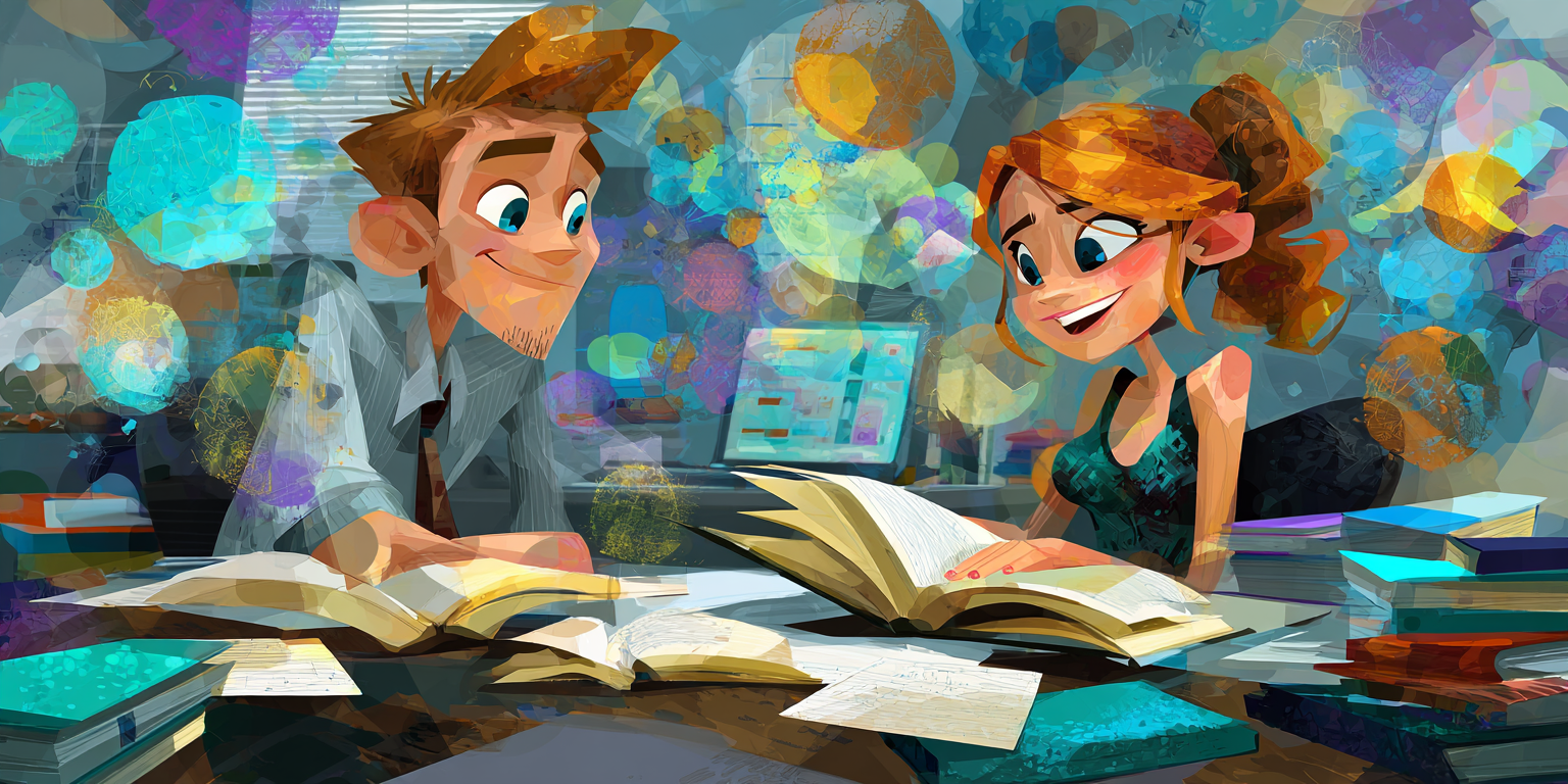 Two cartoon people studying books, smiling, with colorful dreamy background.