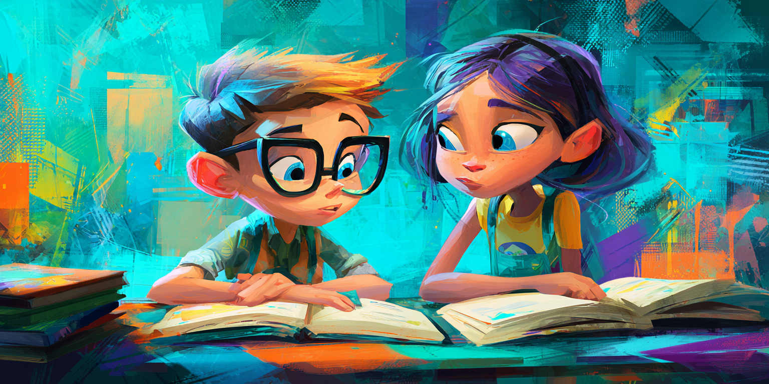 Two cartoon children studying together, looking at open books. The boy has glasses and fair hair.