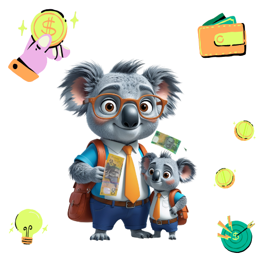 Ozzy the koala bear is standing next to a baby koala bear holding money.