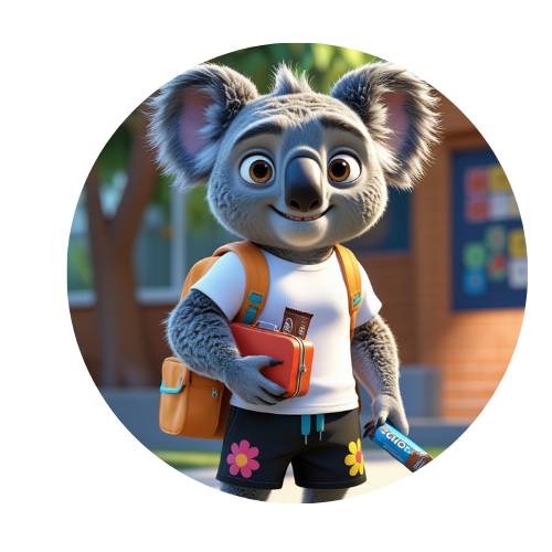 A cartoon koala bear is holding a book and a pencil.