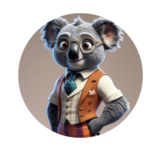 A koala bear wearing glasses and a vest with the letter m on it