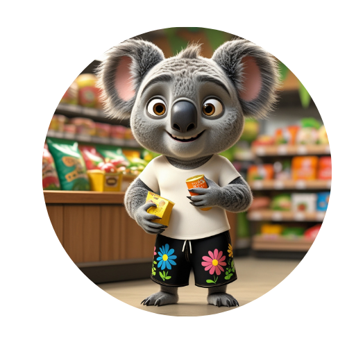 Ozzy the koala bear is standing in a grocery store holding a can of cheese.
