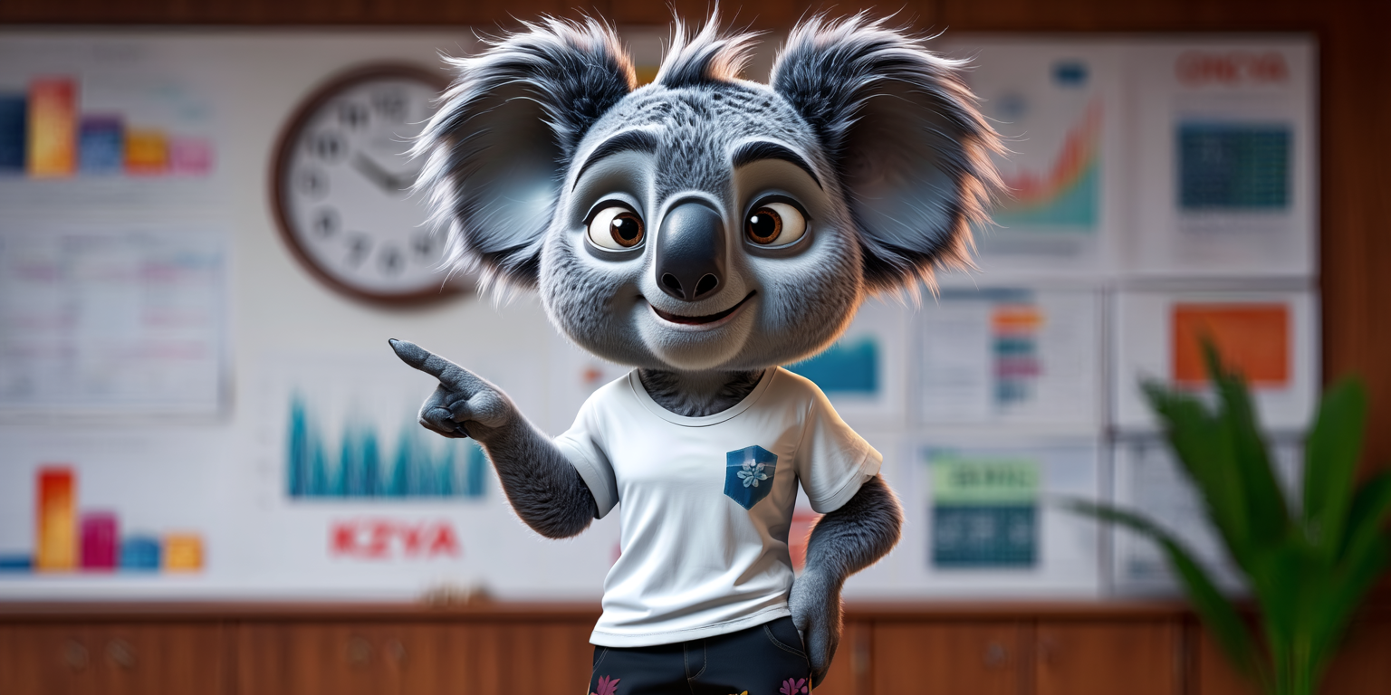 A cartoon koala in a white shirt pointing at a graph on a whiteboard.