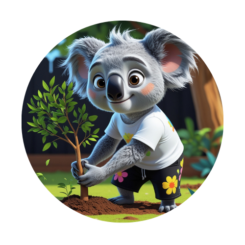 A cartoon koala is planting a tree in the dirt.