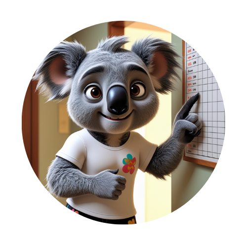 Ozzy the koala is pointing at a white board