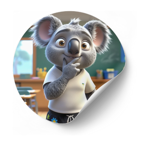 A sticker of a cartoon koala in a classroom