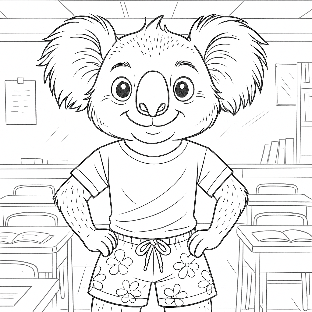 Ozzy the koala is standing in a classroom with his hands on his hips.